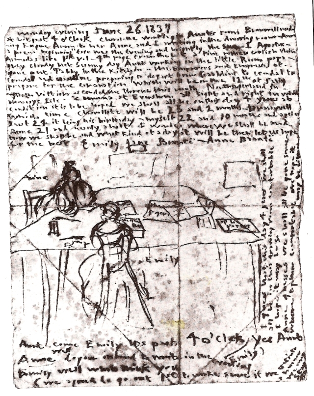 bronte Sketch_by_Emily_Brontë_sgowing_herself_and_Anne_at_work_in_the_dining_room_of_the_parsonage. wki